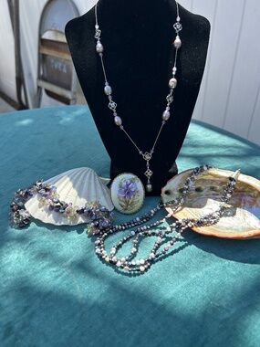 Sterling, gorgeous freshwater pearls,  amethyst and brooch